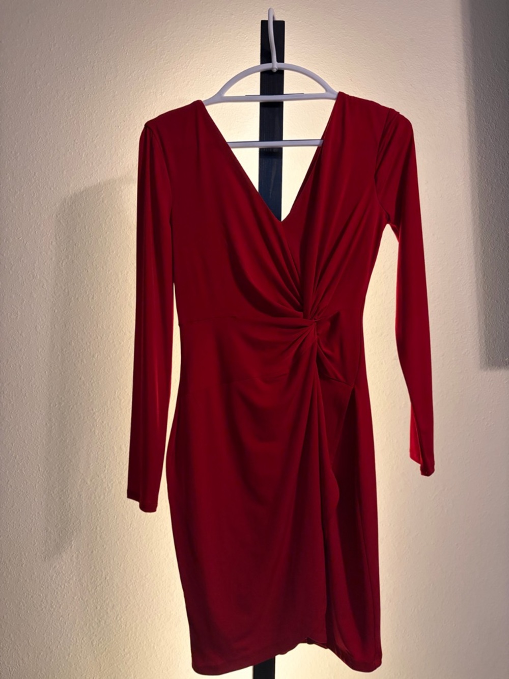 Guess Long Sleeve Red Twist-Front V-Neck Dress